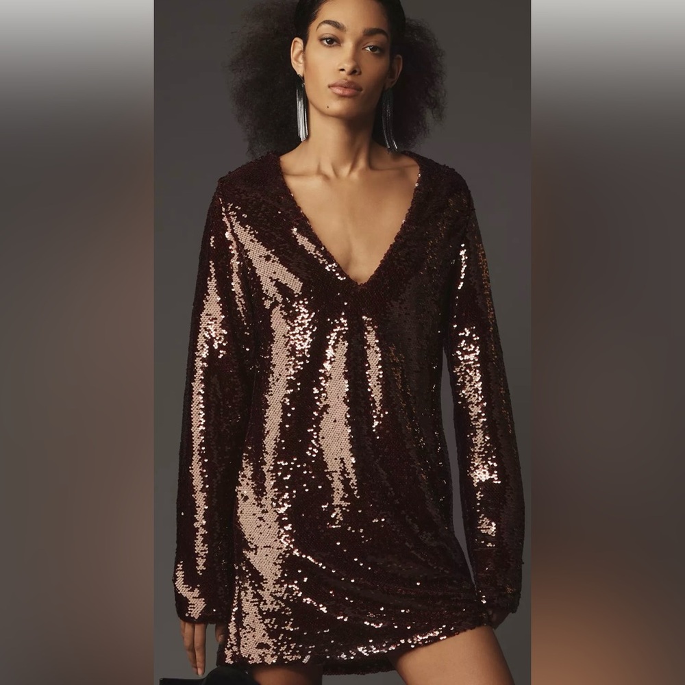Anthropologie Blue Tassel Long Sleeve V Neck Sequin Mini Dress Size XL